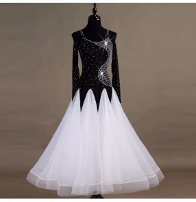 Custom size orange white rhinestones hollow shoulder competition ballroom dance dresses for women girls  backless waltz tango foxtrot smooth dance long gown for female